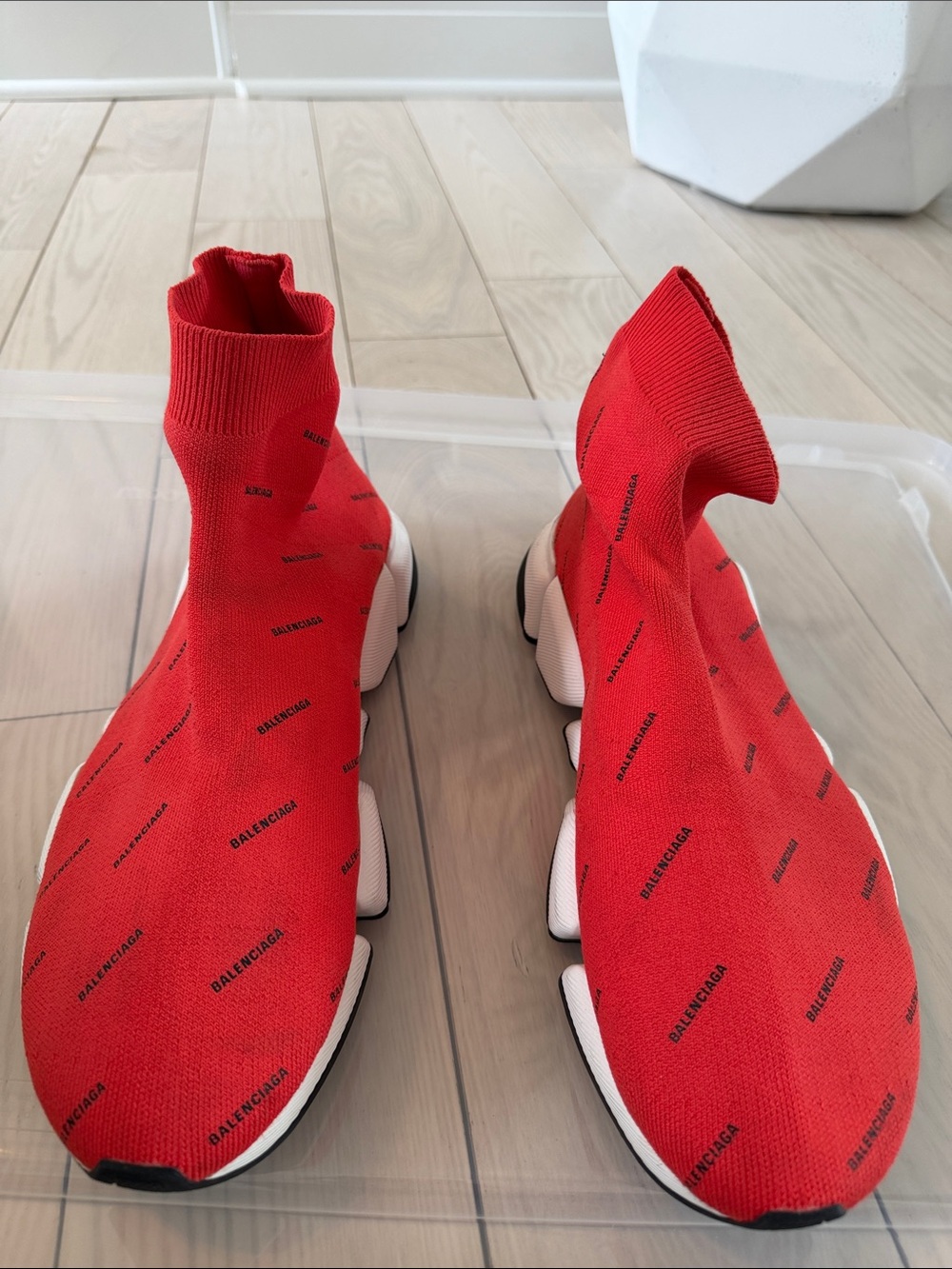 Balenciaga Red Knit Sock Sneakers with Black Logo